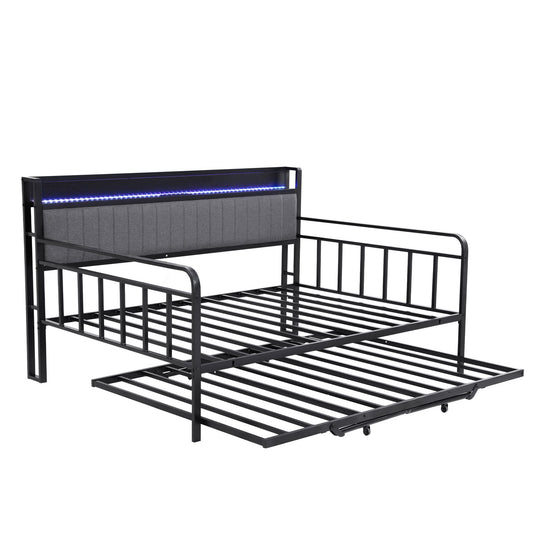 Artiss Bed Frame DOUBLE LED Metal Trundle Daybed with Charging Station TURN