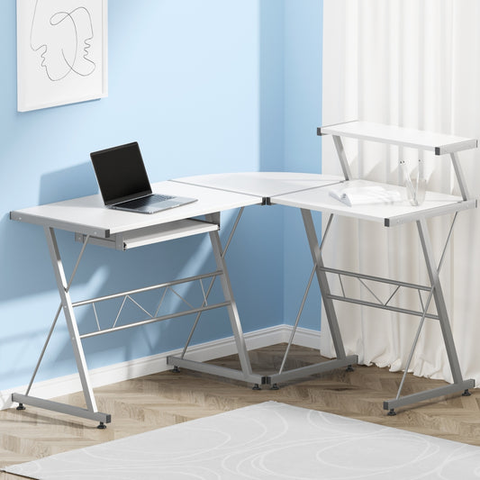 Artiss L-Shape Computer Desk White Keyboard Tray Shelf