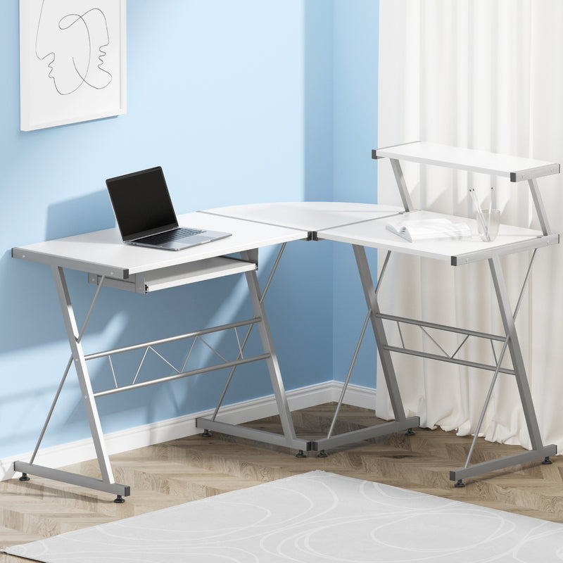 Artiss L-Shape Computer Desk White Keyboard Tray Shelf