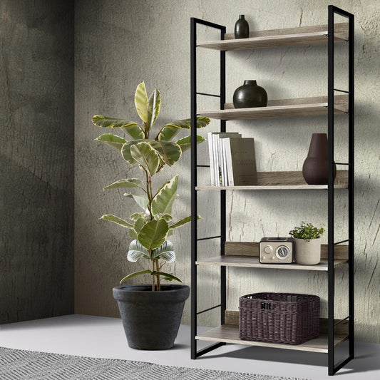 Artiss 5 Tier Bookshelf Black Oak Storage Shelves