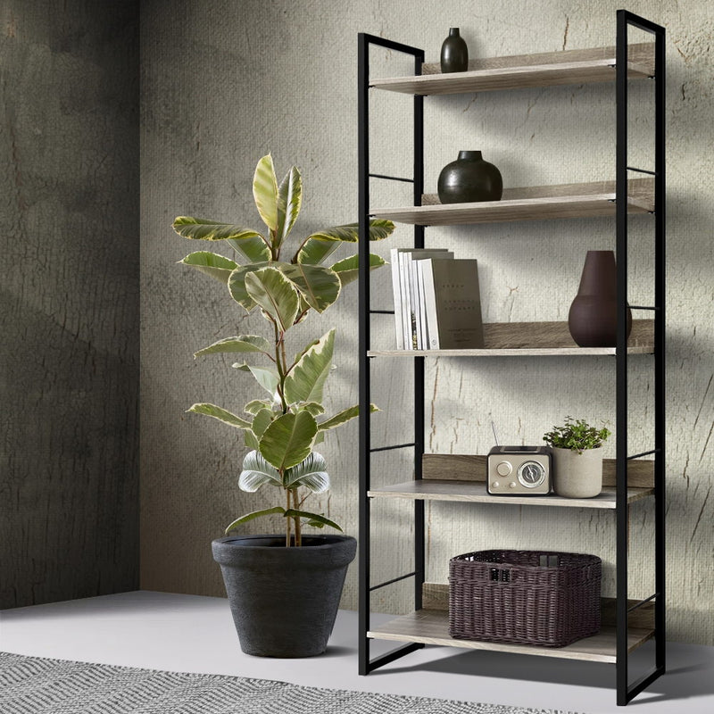 Artiss 5 Tier Bookshelf Black Oak Storage Shelves