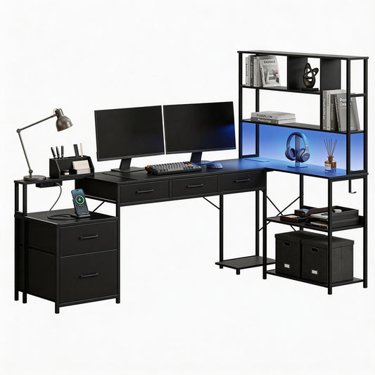 Artiss 200cm L Shaped Gaming Desk LED Lights Power Outlets