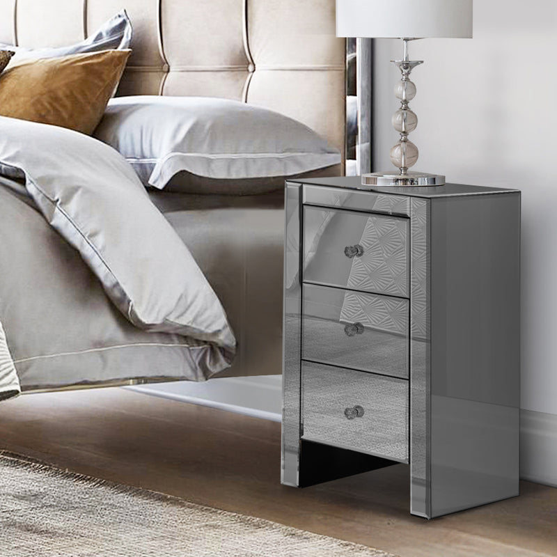 Artiss Bedside Table 3 Drawer Mirrored Glass Grey