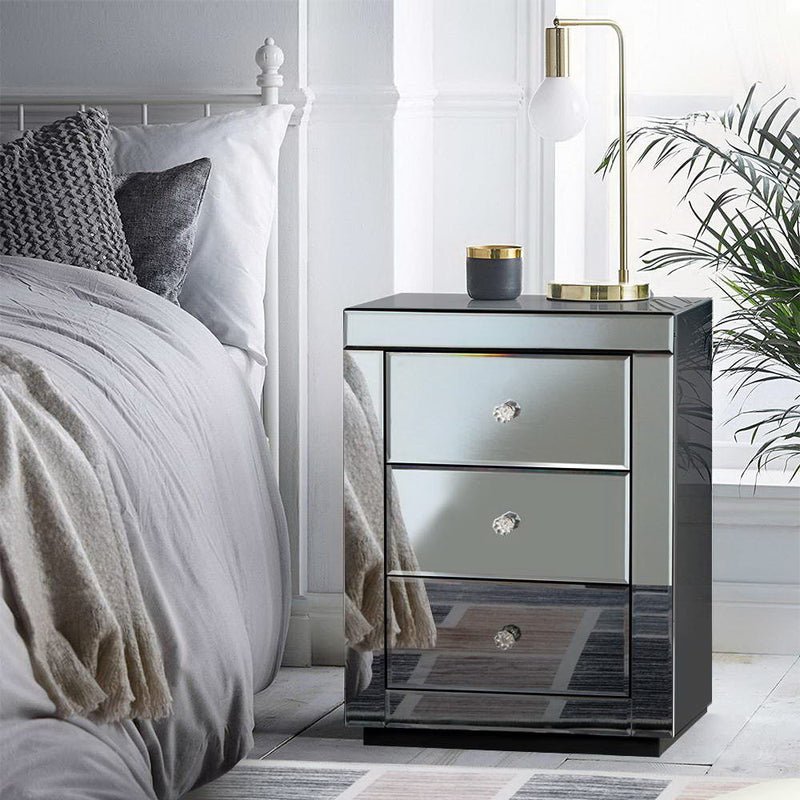 Artiss Bedside Table 3 Drawers Mirrored Grey