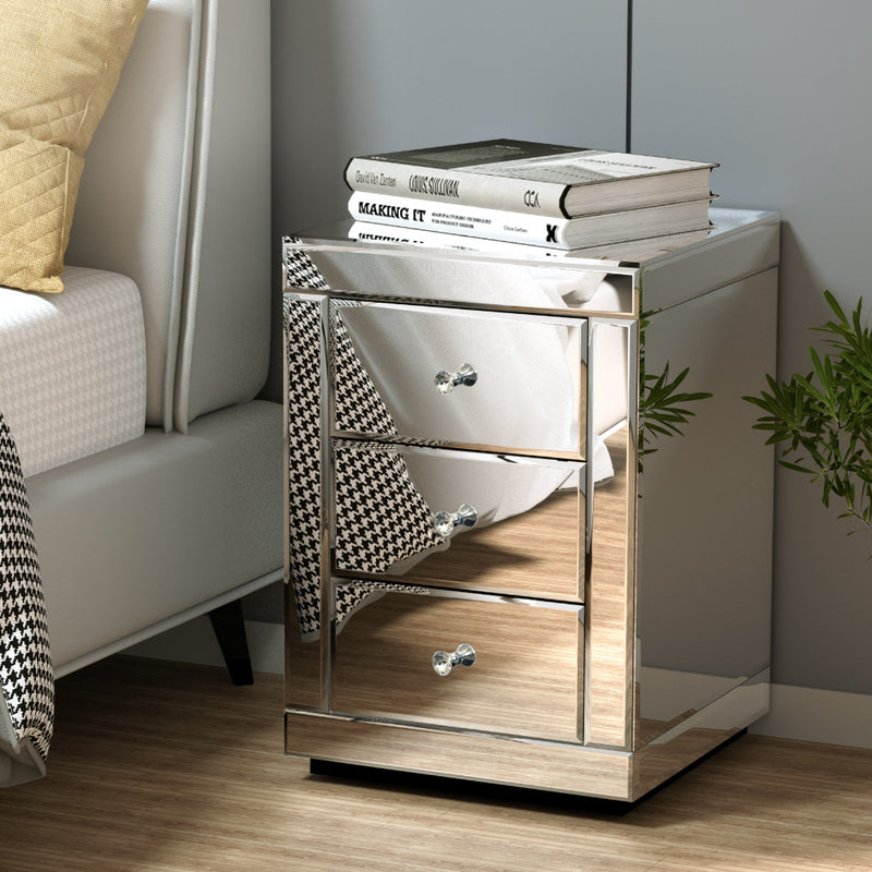 Artiss Bedside Table 3 Drawer Mirrored Silver
