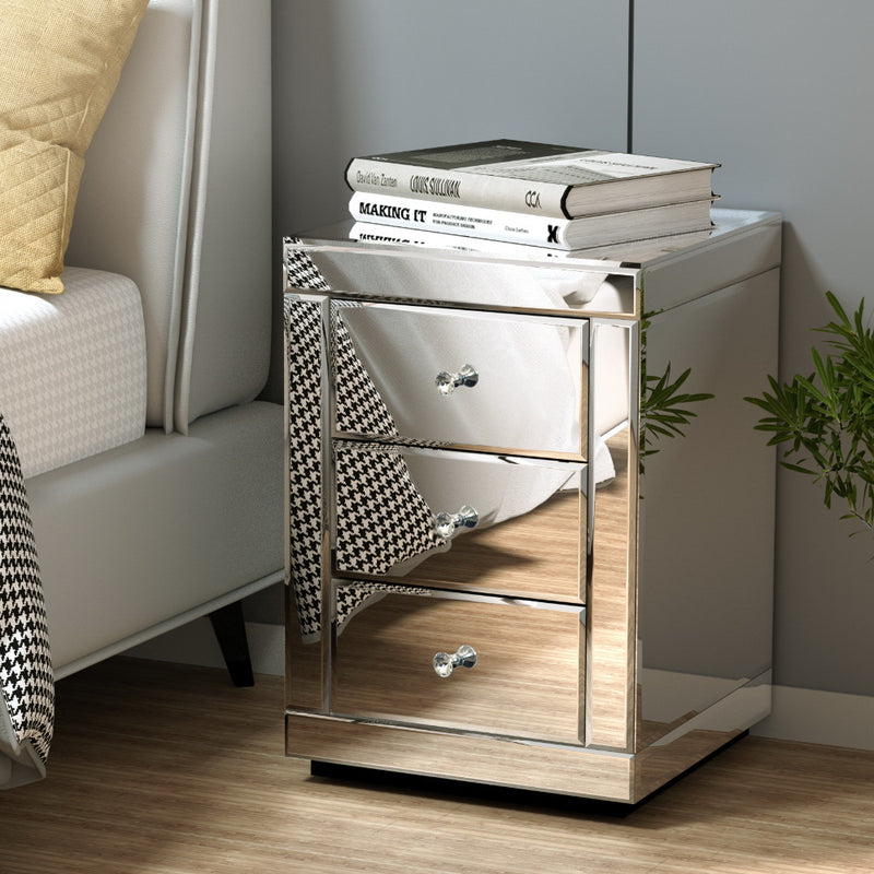 Artiss Bedside Table 3 Drawer Mirrored Glass Silver Set of 2