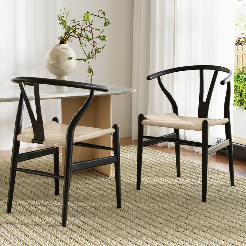 Artiss Dining Chairs 2x Wooden Rattan Wishbone Black