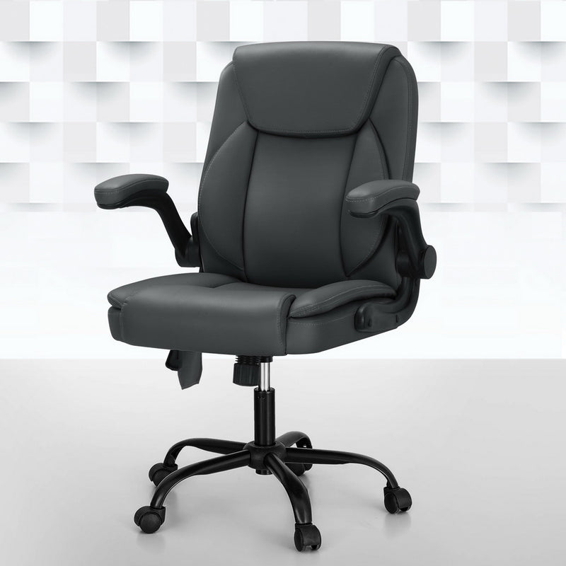 Artiss 2 Point Massage Office Chair Leather Grey Mid Back
