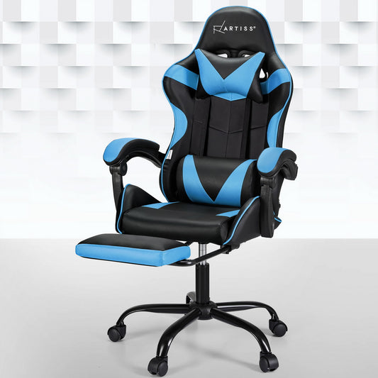 Artiss Gaming Office Chair Massage 2 Point Footrest Cyan Blue