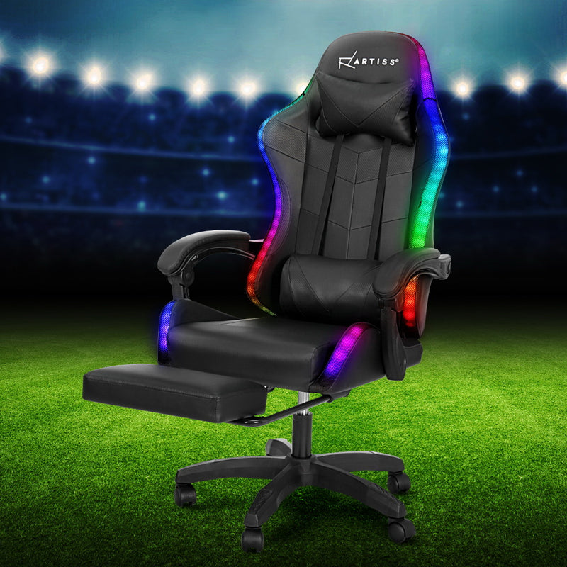 Artiss Gaming Office Chair Massage 6 Point LED Footrest Black