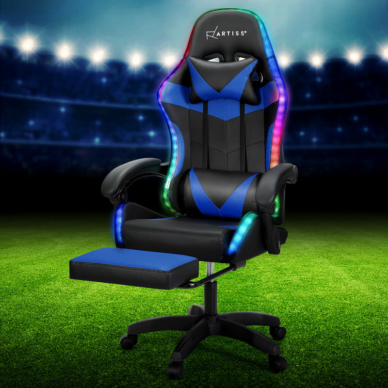 Artiss Gaming Office Chair 6 Point Massage 7 LED Footrest Blue
