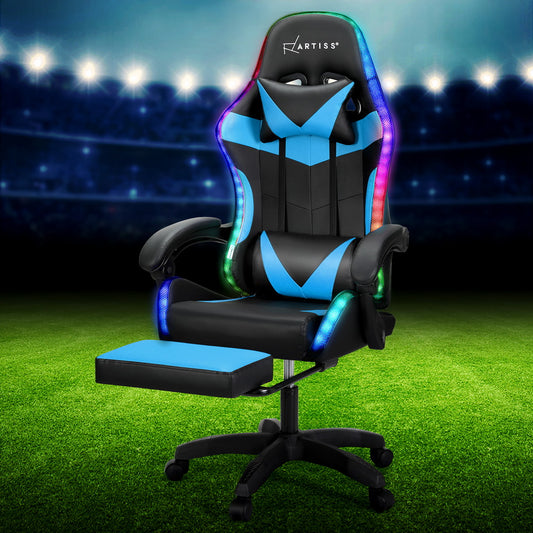 Artiss Gaming Chair 6 Point Massage LED Footrest Cyan Blue