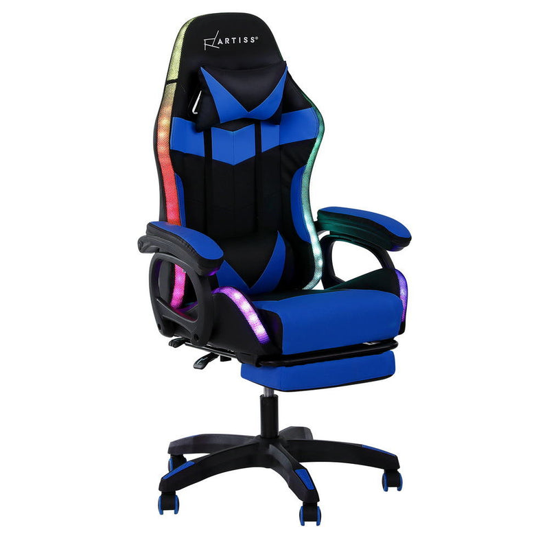 Artiss Gaming Chair 12 RGB LED Massage Footrest Blue Computer