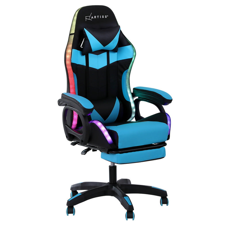 Artiss Gaming Office Chair RGB LED Massage Footrest Cyan