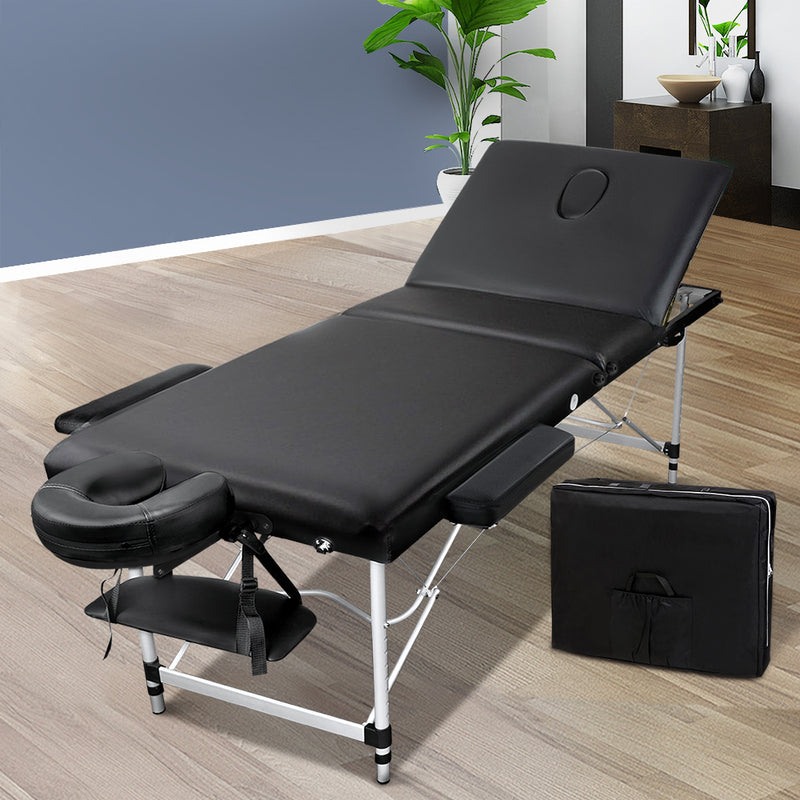 Zenses Massage Table 60cm 3 Fold Portable Aluminium Black Beauty