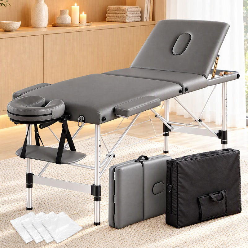 Zenses 3-Fold Portable Massage Table 60cm Adjustable Backrest & Height, Aluminium Beauty Bed Grey