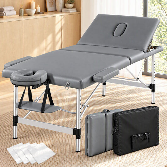 Zenses 3-Fold Portable Massage Table 80cm Adjustable Backrest & Height, Aluminium Beauty Bed Grey