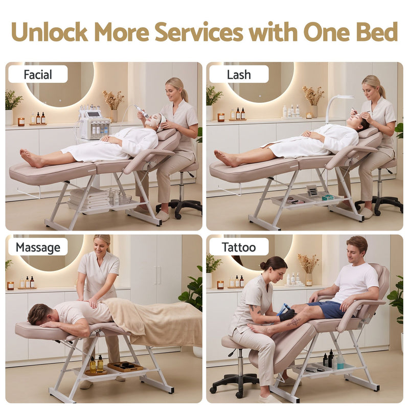 Zenses Beauty Bed with Stool, Beige, Adjustable Facial Massage Table, Tattoo Chair, Salon Services