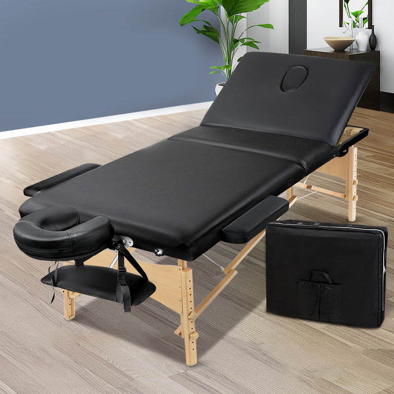 Zenses Massage Table 60cm 3 Fold Portable Wooden Beauty Bed Black