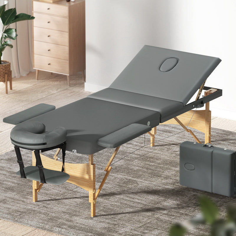 Zenses Massage Table 75cm 3 Fold Portable Wooden Grey Beauty Bed