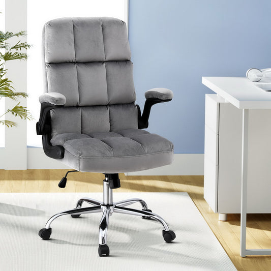 Artiss Gaming Office Chair Velvet Grey Armrest Computer Desk Seat