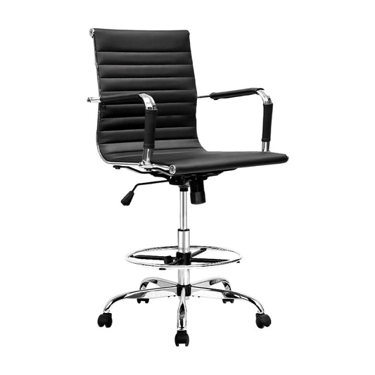 Artiss Drafting Stool Office Chair Black Leather High Back