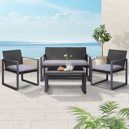 Gardeon 4pc Outdoor Sofa Rattan Furniture Set Glass Table Black
