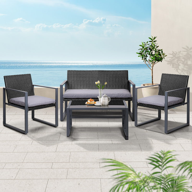 Gardeon 4pc Outdoor Sofa Rattan Furniture Set Glass Table Black