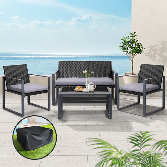 Gardeon 4pc Outdoor Rattan Sofa Set Black w/ Storage Cover