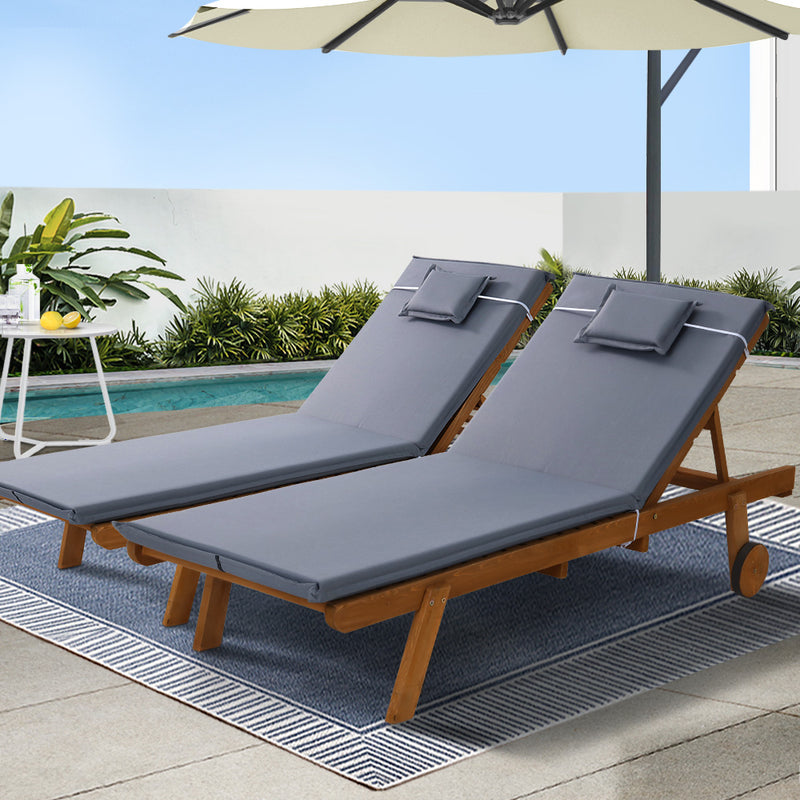 Gardeon 2x Wooden Sun Lounge Lounger Outdoor Patio Furniture Grey