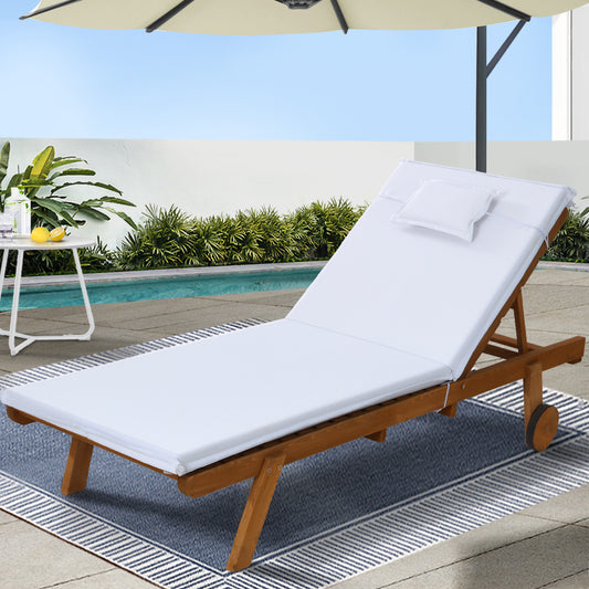 Gardeon Wooden Sun Lounge Daybed w/ Wheels White Outdoor Furniture