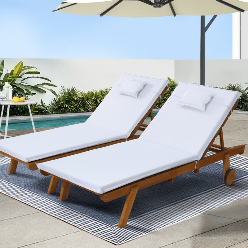 Gardeon Sun Lounge Wooden Lounger Outdoor Furniture Wheels White