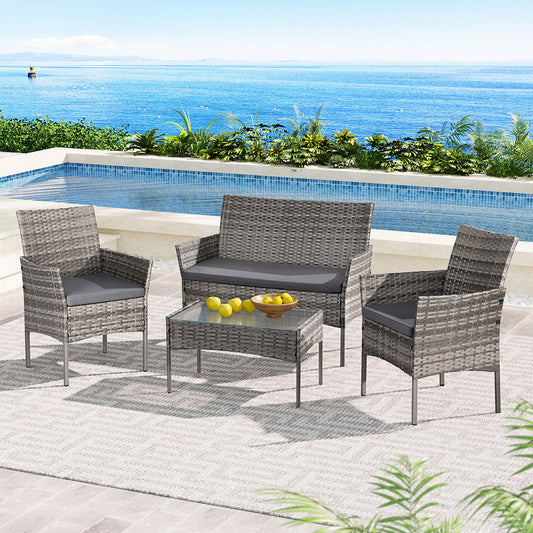 Gardeon 4 Seater Wicker Outdoor Sofa Set Grey Table Chair