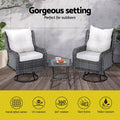 Gardeon 3PC Outdoor Wicker Swivel Bistro Set Grey Cushions