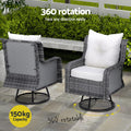 Gardeon 3PC Outdoor Wicker Swivel Bistro Set Grey Cushions