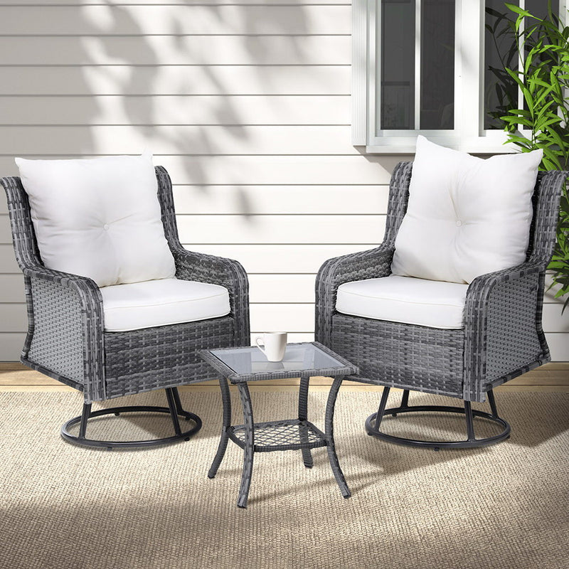 Gardeon 3PC Outdoor Wicker Swivel Bistro Set Grey Cushions