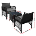 Gardeon 3PC Outdoor Bistro Set Wicker Dining Chairs Table Black