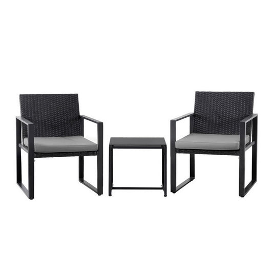 Gardeon 3PC Outdoor Bistro Set Wicker Dining Chairs Table Black