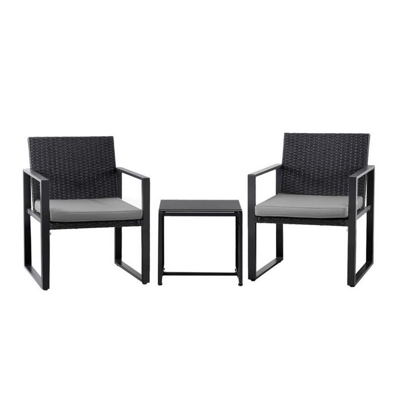 Gardeon 3PC Outdoor Bistro Set Wicker Dining Chairs Table Black