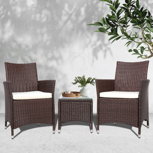 Gardeon 3PC Outdoor Bistro Set Wicker Chairs Table Brown
