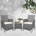 Gardeon 3PC Outdoor Bistro Set Wicker Patio Furniture Grey Cushion