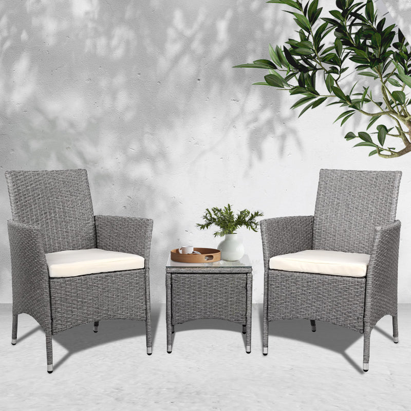 Gardeon 3PC Outdoor Bistro Set Wicker Patio Furniture Grey Cushion