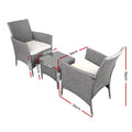 Gardeon 3PC Outdoor Bistro Set Wicker Patio Furniture Grey Cushion