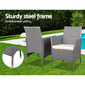 Gardeon 3PC Outdoor Bistro Set Wicker Patio Furniture Grey Cushion