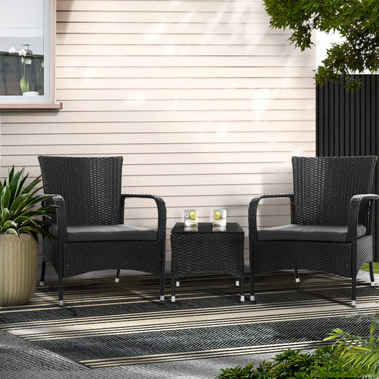 Gardeon 3PC Outdoor Bistro Set Wicker Patio Furniture Chairs Table