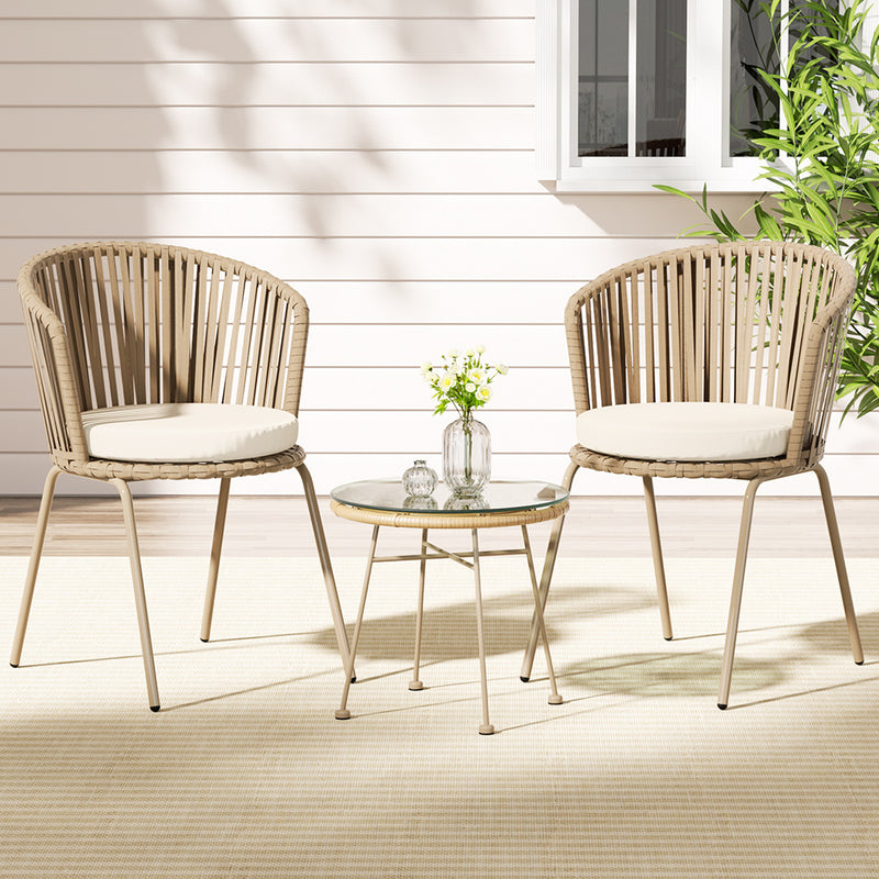 Gardeon 3PC Outdoor Bistro Set Rope Chairs Table Beige Patio