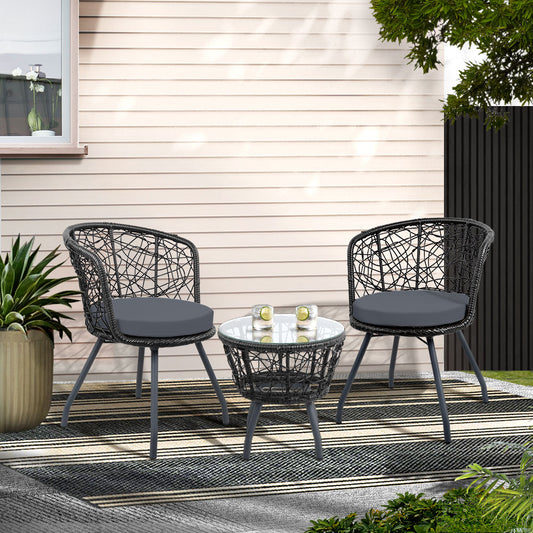 Gardeon 3PC Bistro Set Outdoor Furniture Rattan Table Chairs Black