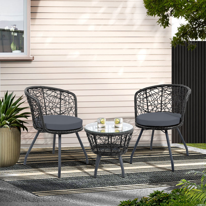 Gardeon 3PC Bistro Set Outdoor Furniture Rattan Table Chairs Black