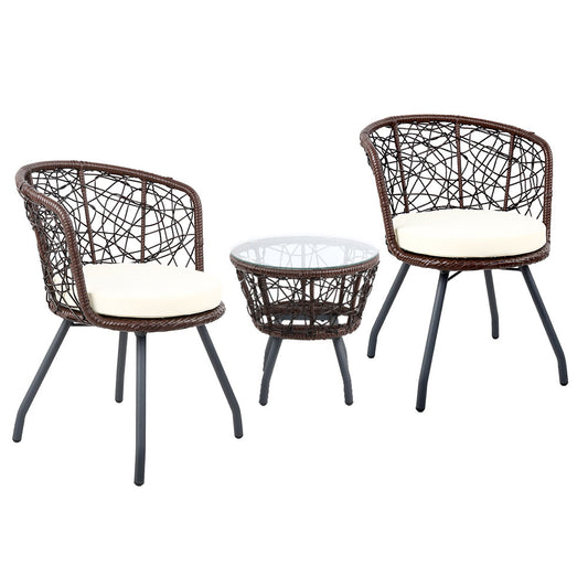 Gardeon 3PC Rattan Bistro Set Outdoor Table Chairs Brown Cushion