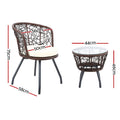 Gardeon 3PC Rattan Bistro Set Outdoor Table Chairs Brown Cushion